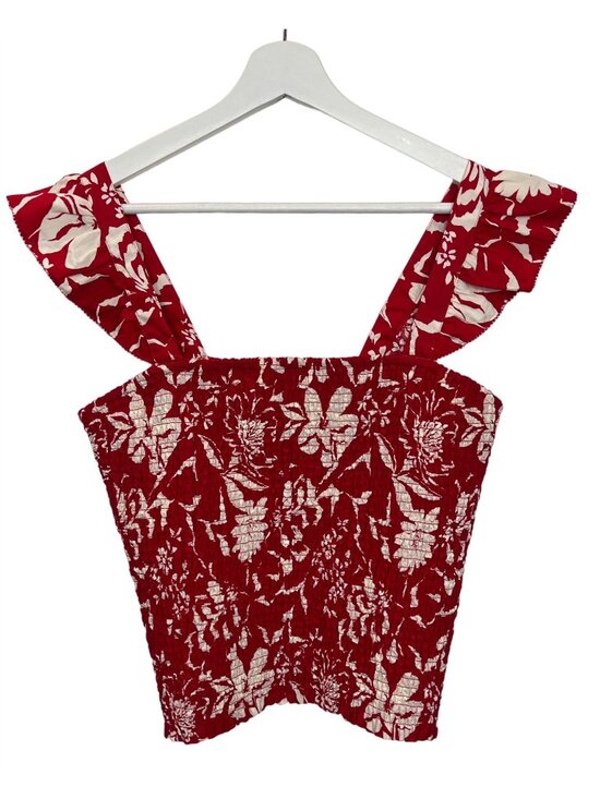 Old Navy Tops - Old Navy Smocked Floral Crop Top Red Cream Size L Tall Boho Cottagecore